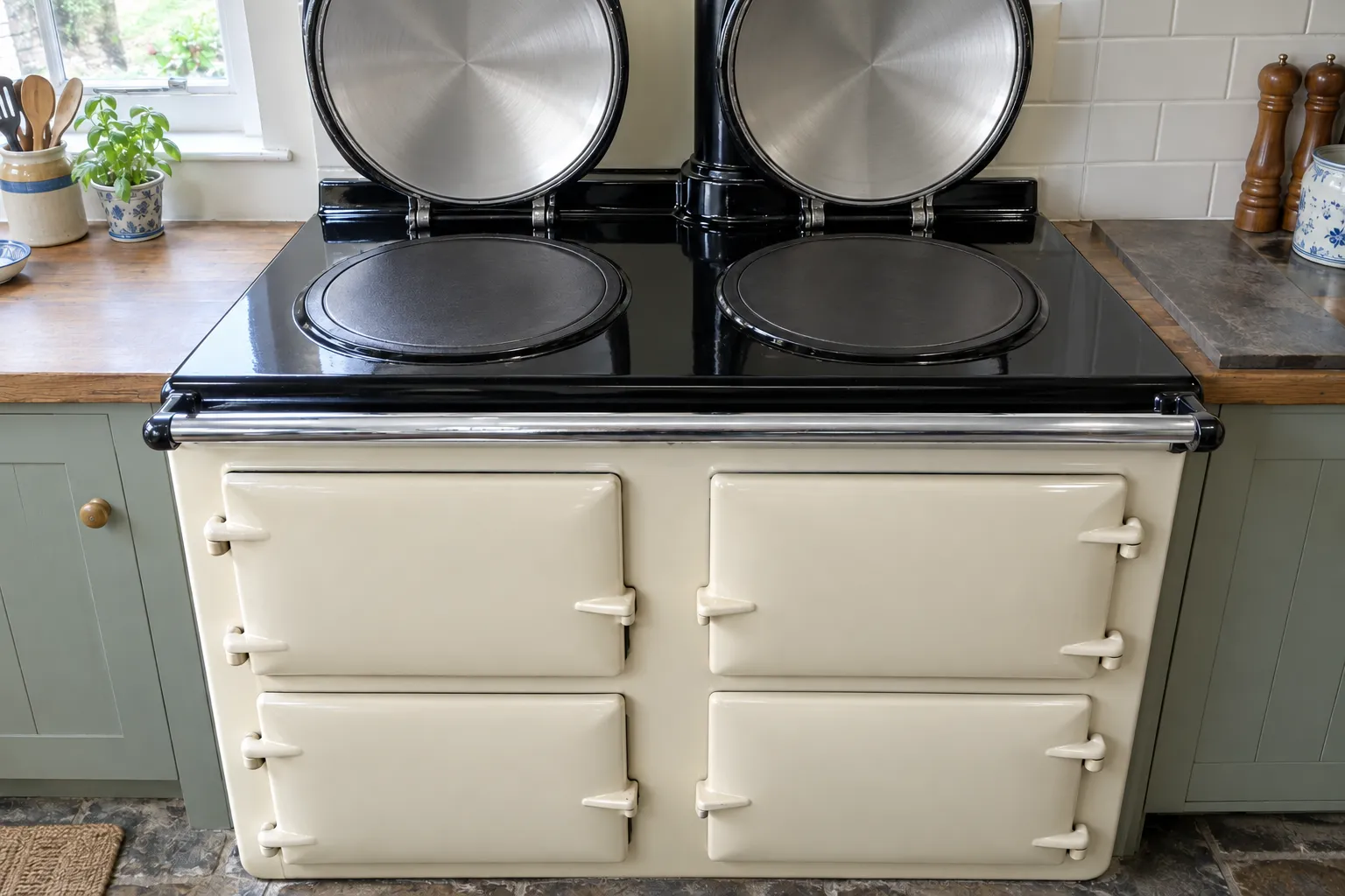 The same Aga after cleaning, with spotless cream enamel and polished lids