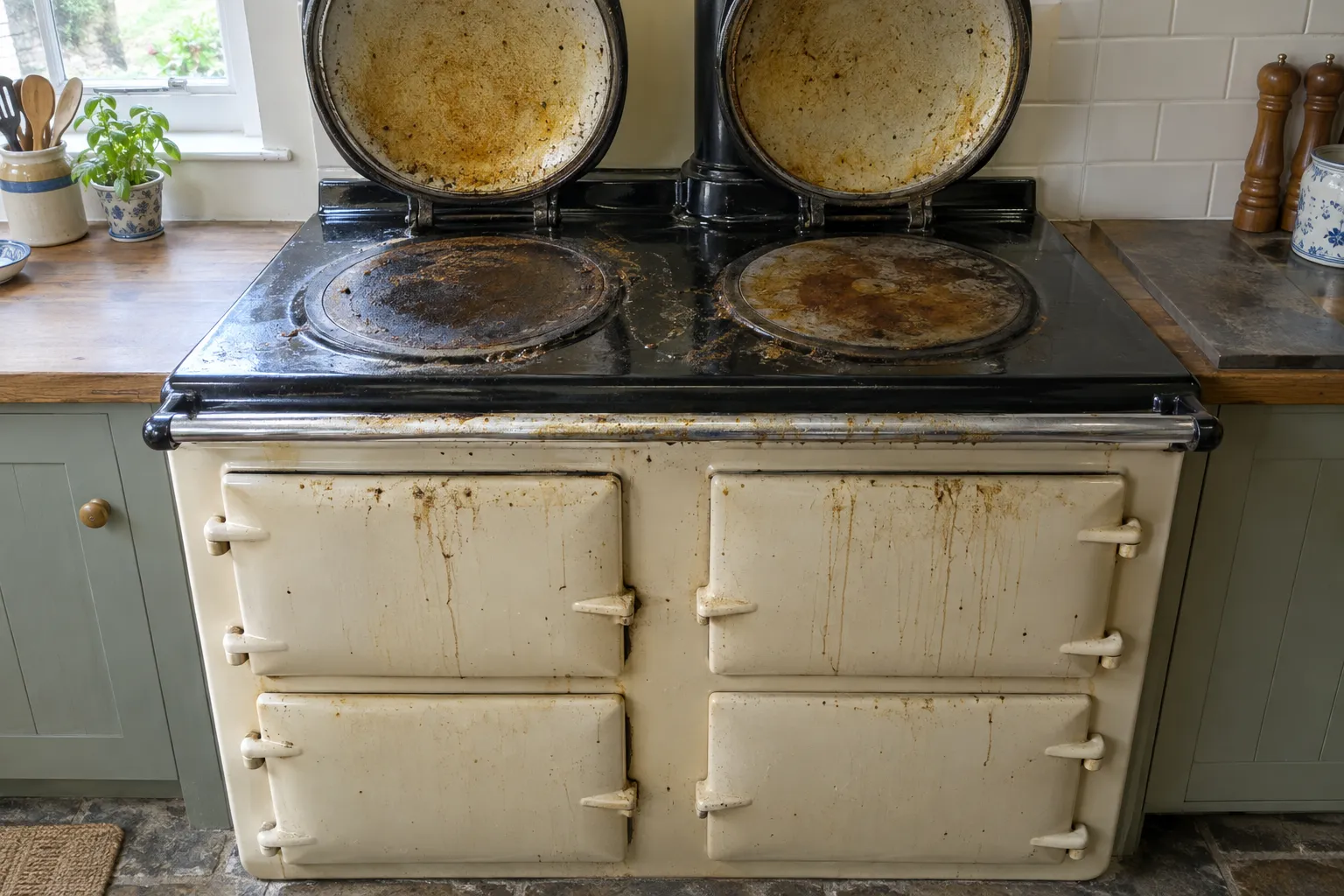 Cream Aga before cleaning, with drip marks and stained hotplate lids