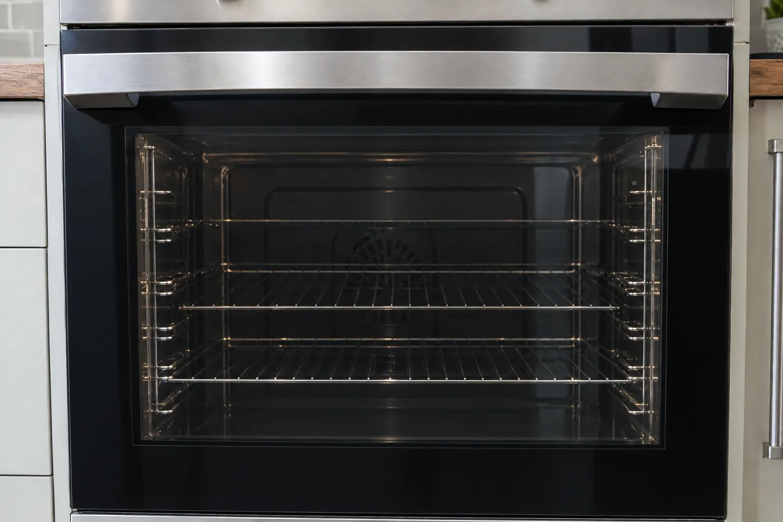 The same oven door after cleaning, with crystal clear glass