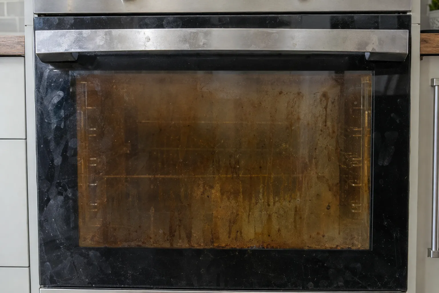 Oven door before cleaning, with brown greasy glass you cannot see through