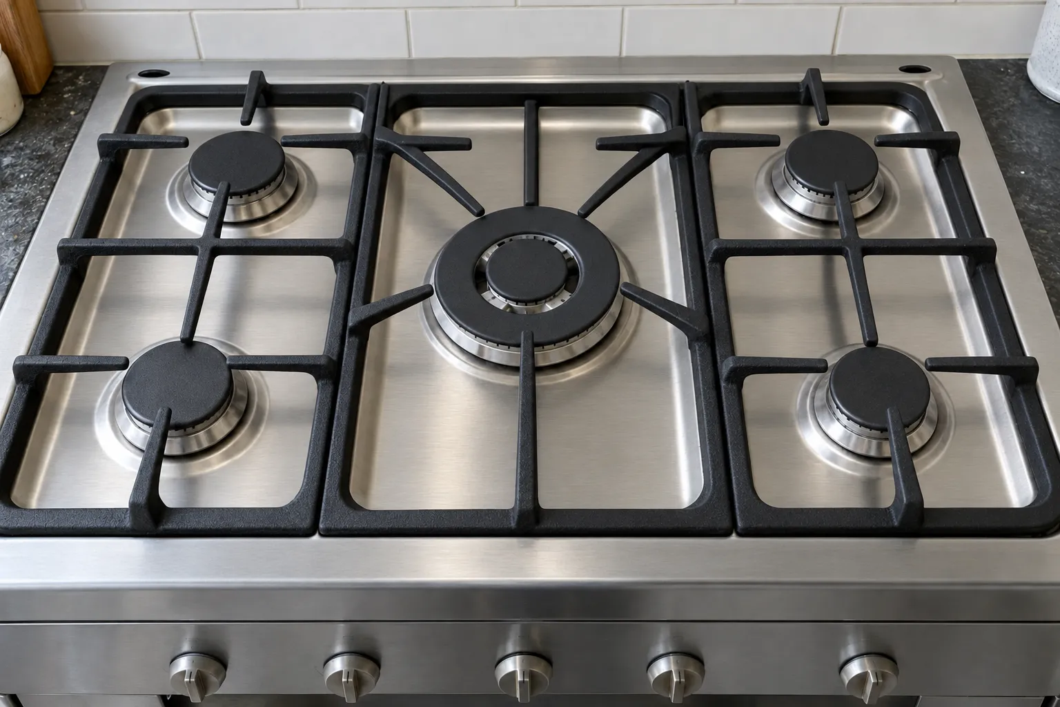 The same hob after cleaning, with bright stainless steel and clean pan supports