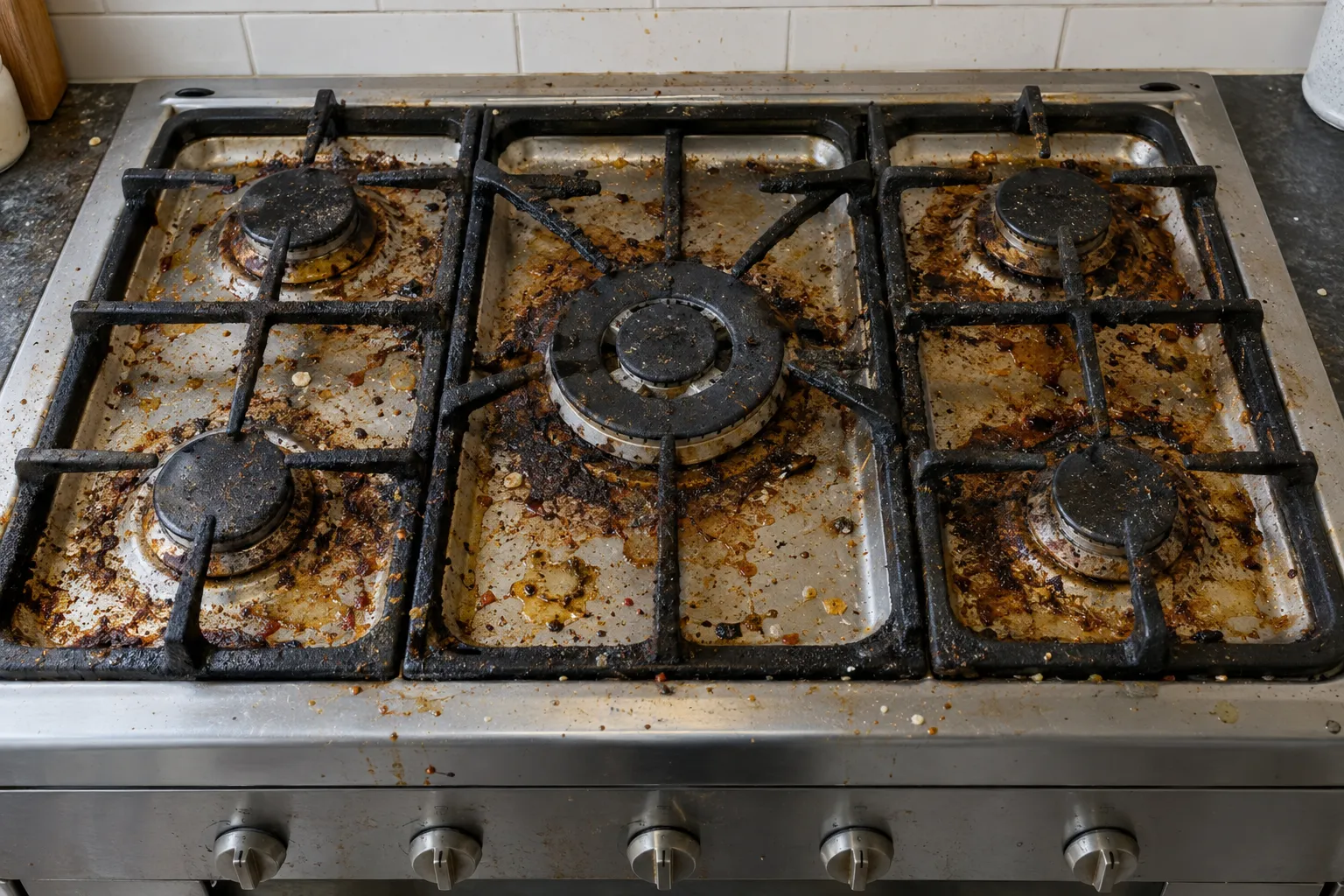 Gas range hob before cleaning, with burnt-on grease around every burner