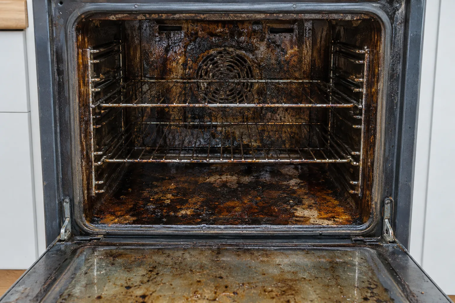 Oven interior before cleaning, covered in baked-on grease and carbon